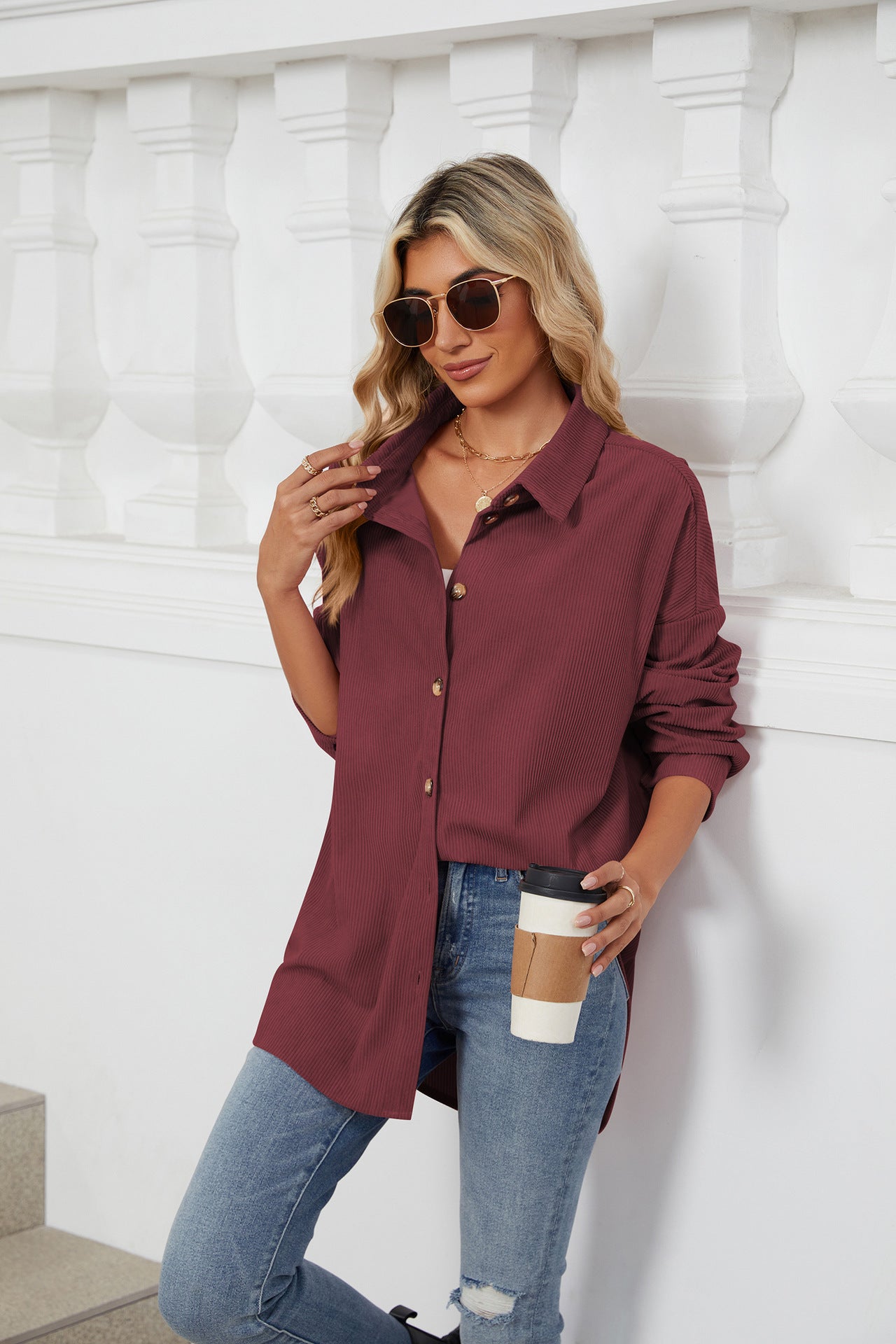 Solid Color Lapel Button-down Long-sleeved Loose Shirt
