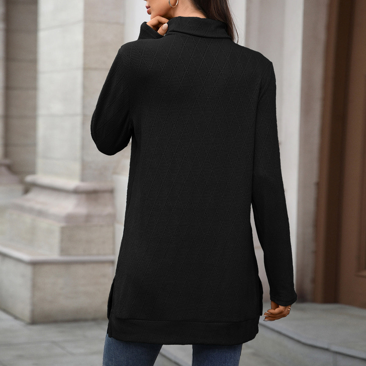 Oversized Turtleneck Long Sleeve Side Slit Tunic Top