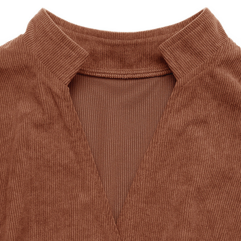 Corduroy V Neck Midi Dress Belted Waist Long Sleeve