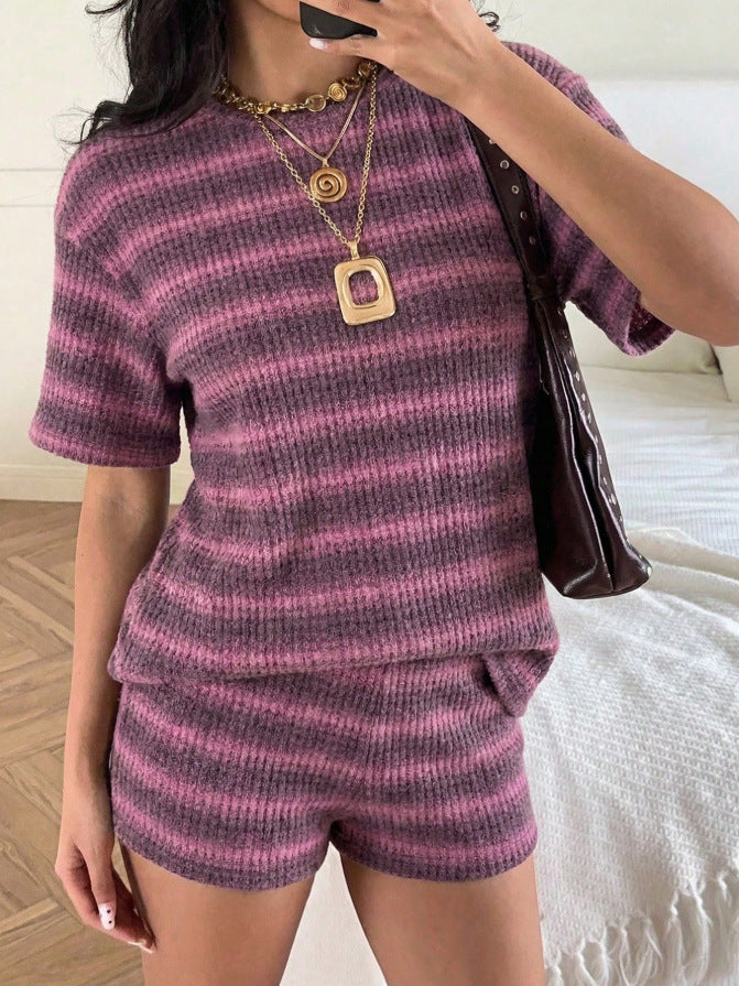 Striped Knit Lounge Set Boutique Shorts Fitted Ribbed