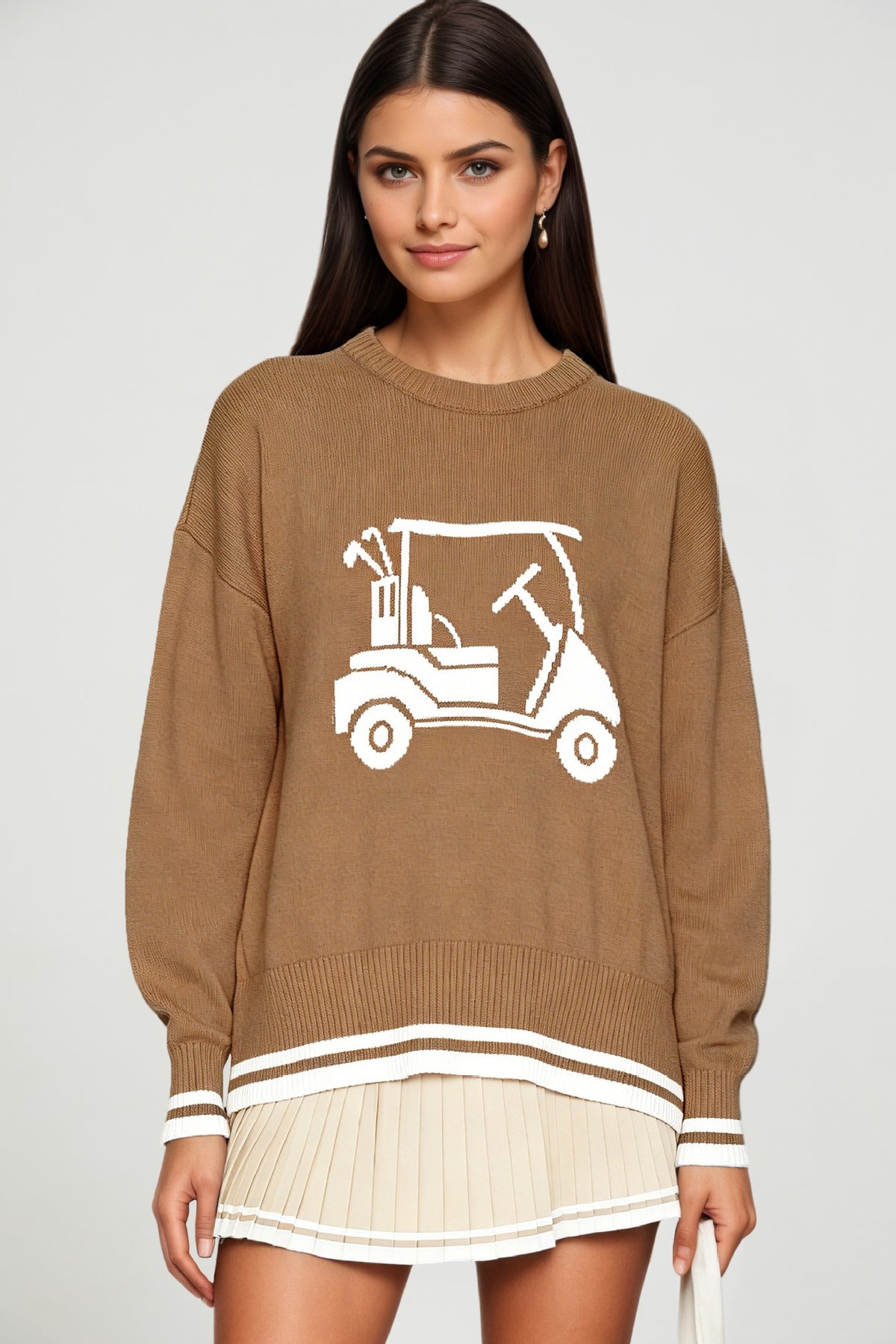 Women's Golf Cart Striped Crewneck Knit Sweater