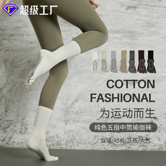 Womens Pilates Toe Socks Non Slip Grip Cotton Crew Socks