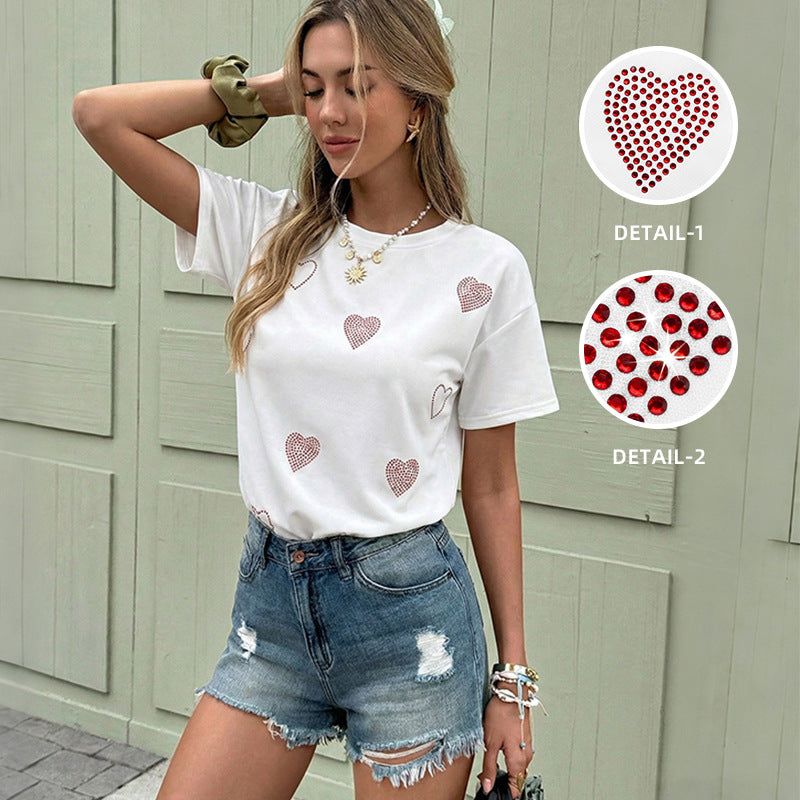 Heart Rhinestone Graphic Tee Casual Loose Summer T Shirt