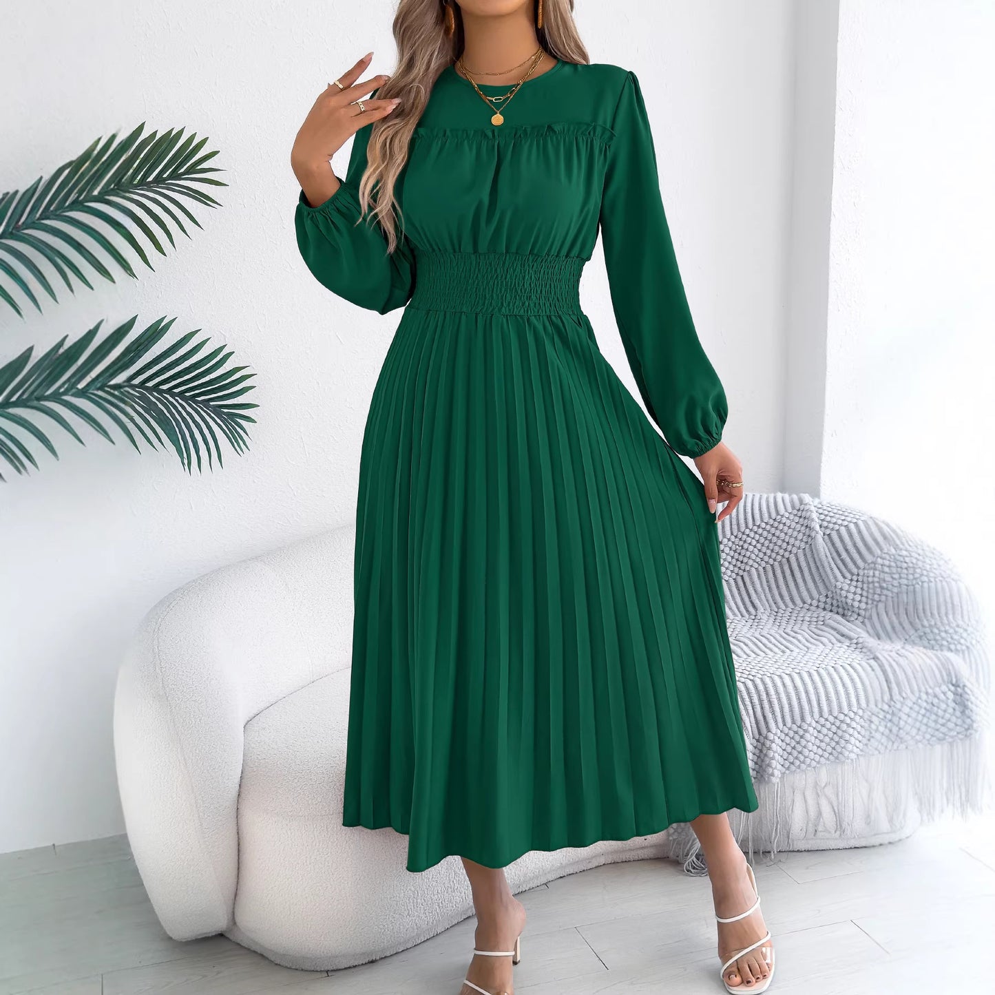 Light Blue Smocked Waist Long Sleeve Pleated Maxi Dress