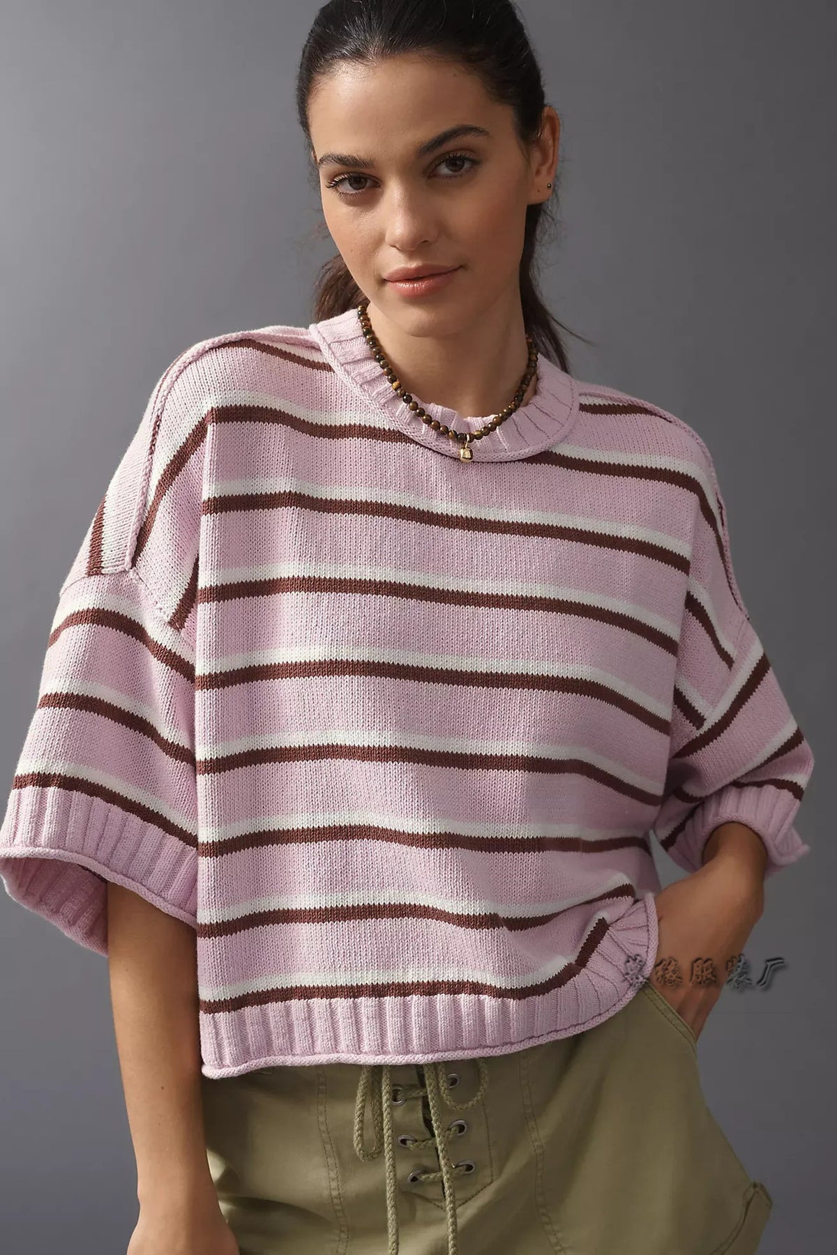 Women's Oversized Striped Short Sleeve Crewneck Sweater