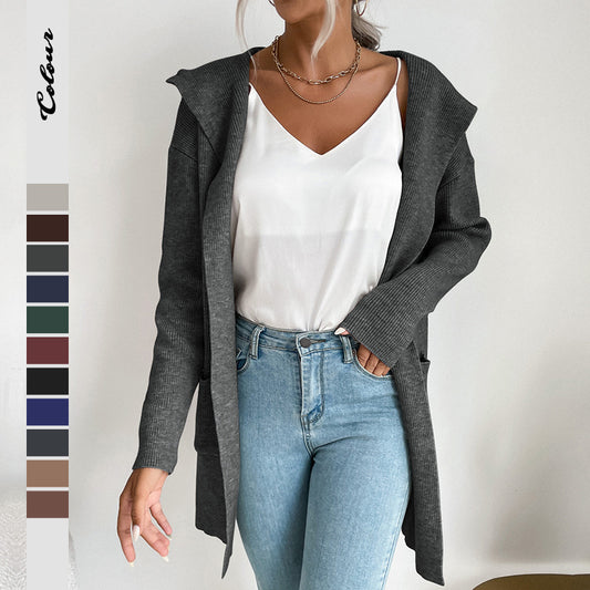 Hooded Knit Cardigan Long Sleeve Open Front Outerwear
