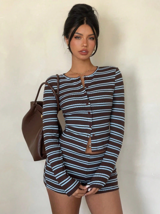 Striped Knit Lounge Set Boutique Henley Fitted Shorts