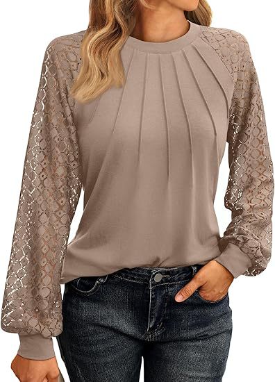 Lace Knit Blouse Casual Pleated Raglan Sleeve Top