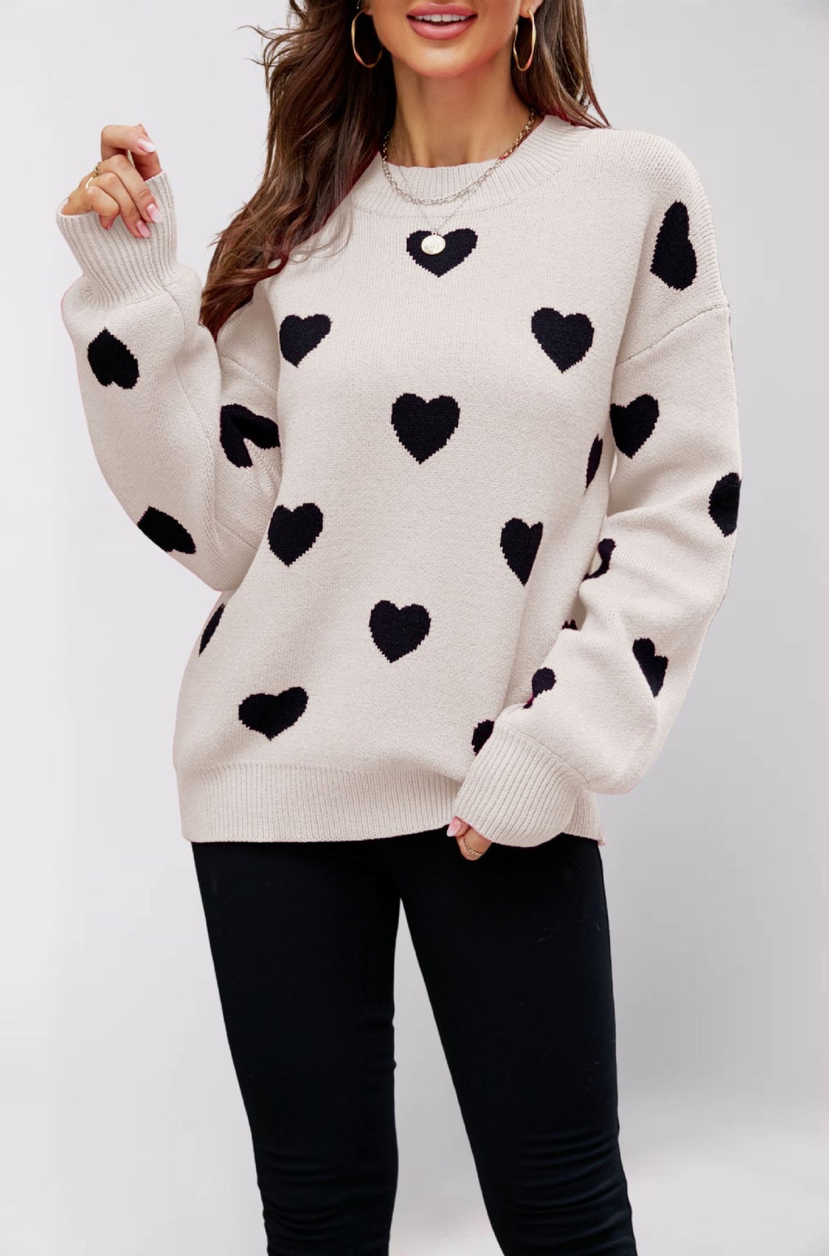 Women's Heart Print Crew Neck Oversized Pullover Sweater