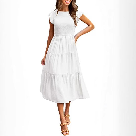 Smocked Waist Flutter Sleeve Tiered Midi Dress for Women