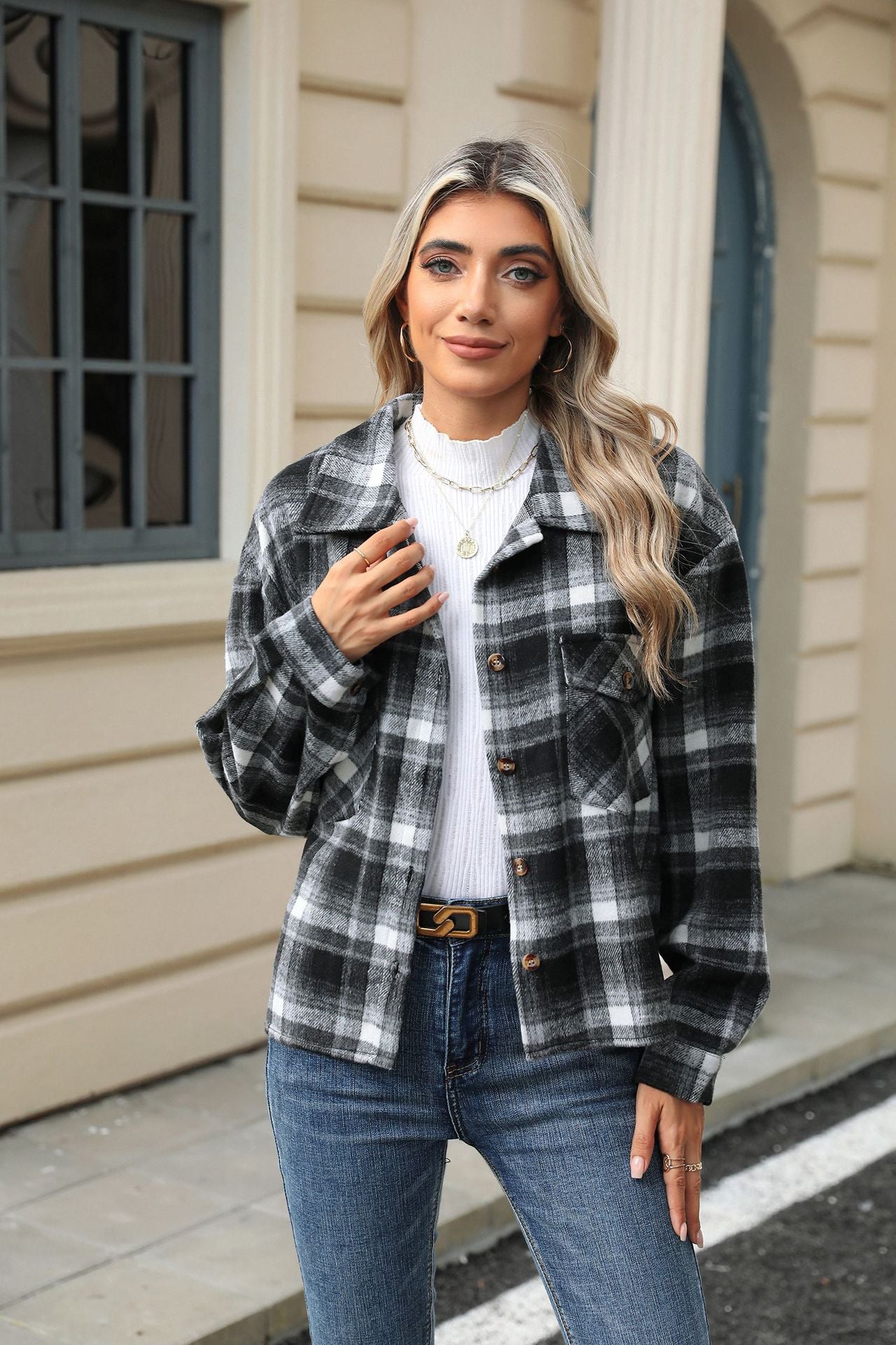 Long Sleeve Loose Pocket Plaid Top Wool Jacket