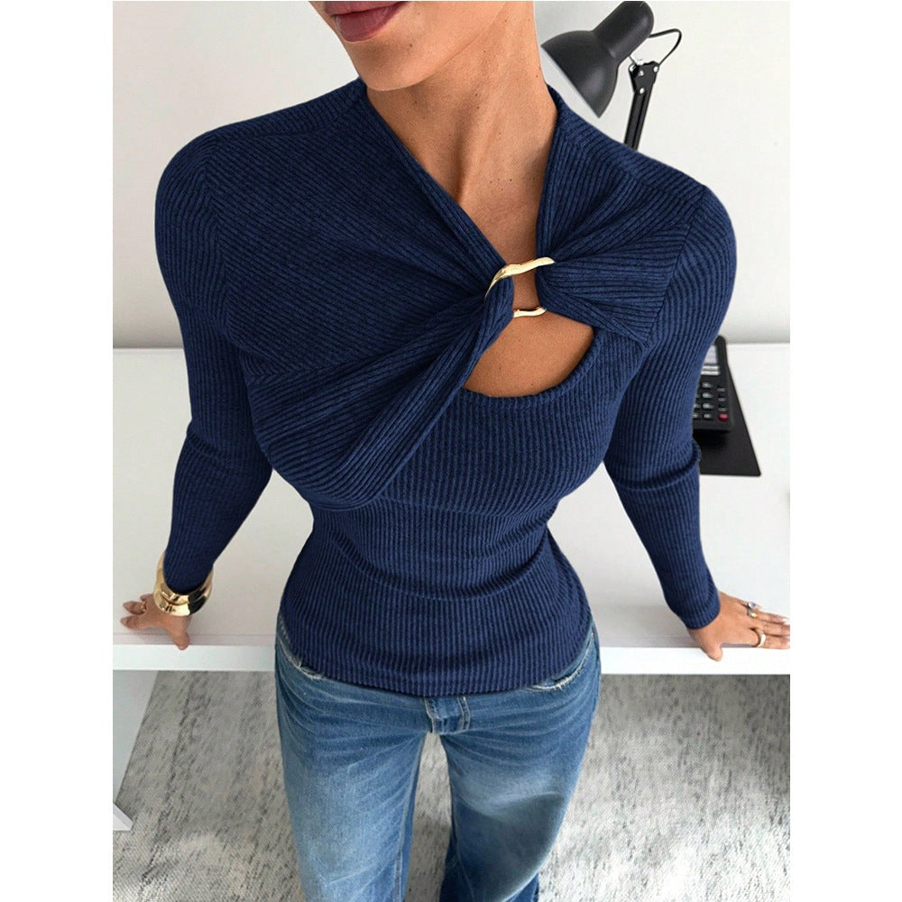 Solid Ribbed Top Sweater Trendy Cutout Long Sleeve Slim Fit