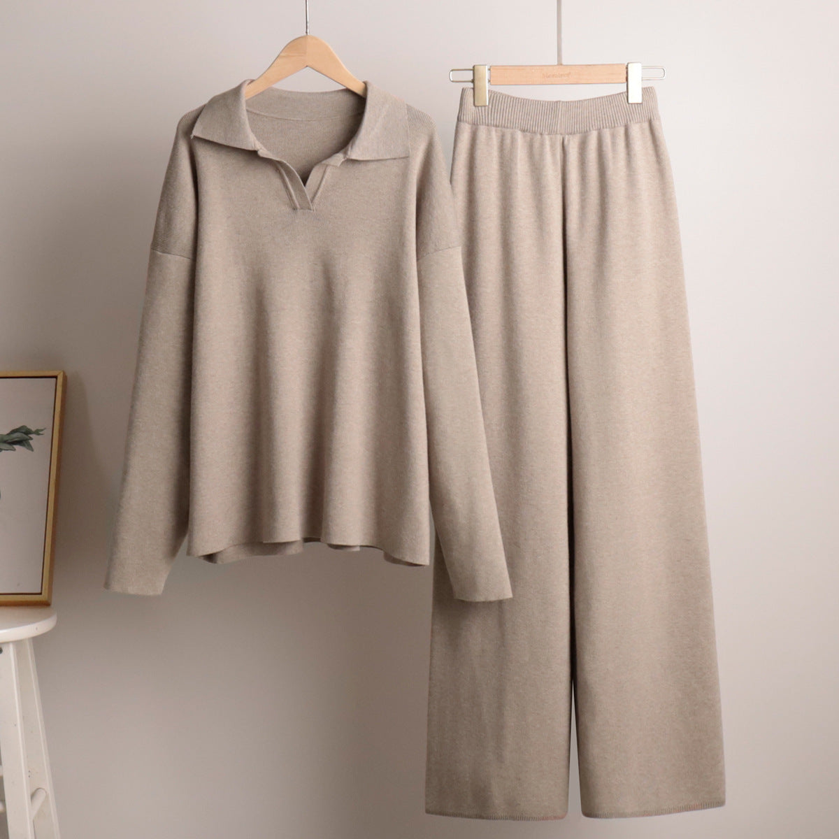 Polo Collar Knit Sweater Wide Leg Pants Set