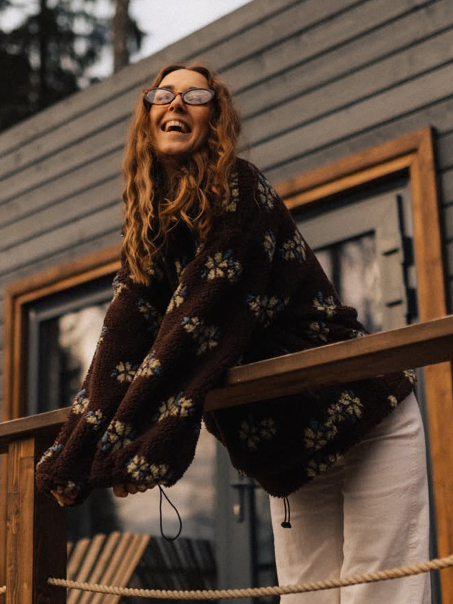 Floral Sherpa Pullover Half Zip Sweatshirt