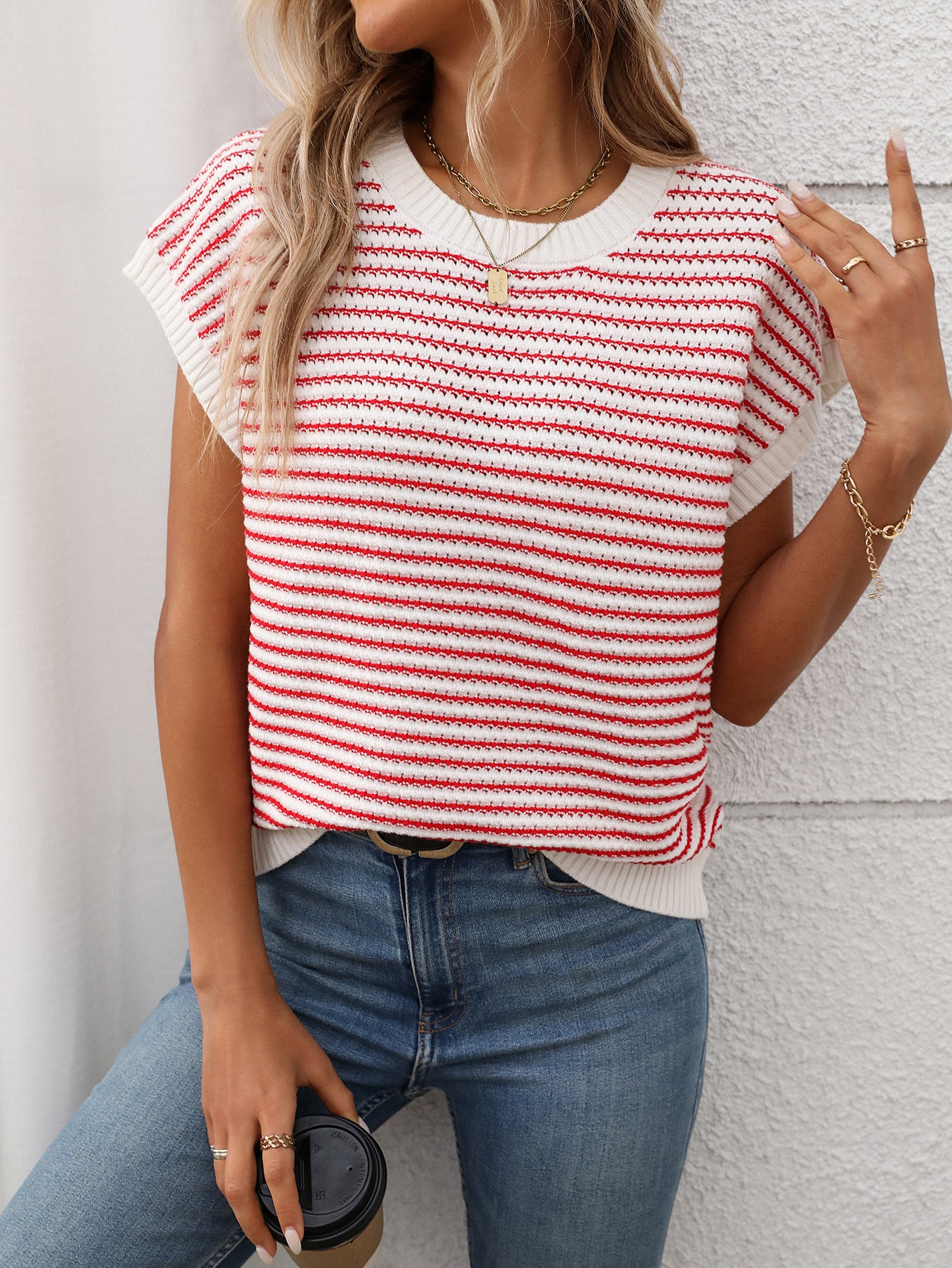 Red Stripe Lightweight Knit Short Sleeve Sweater Top