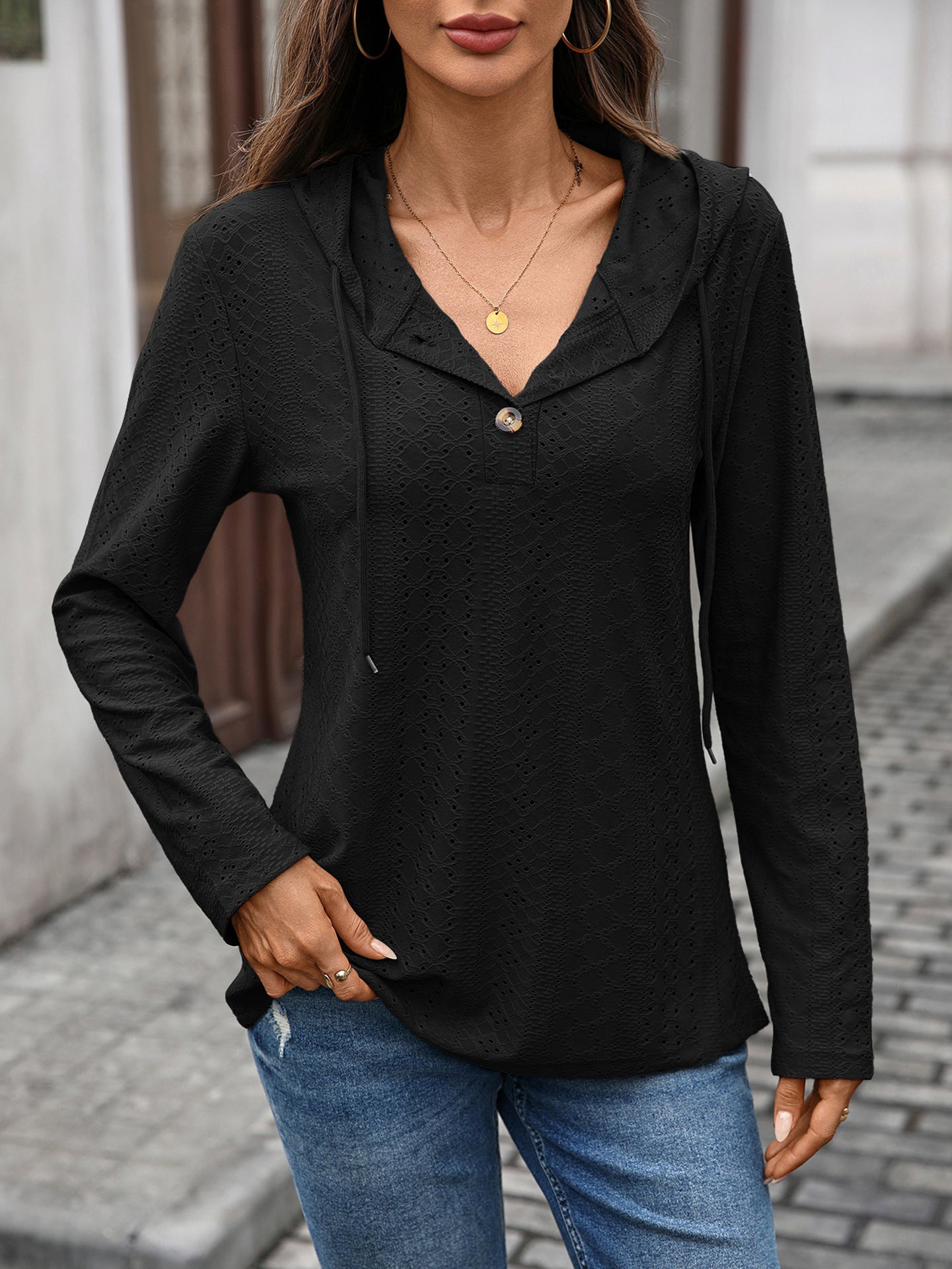 Eyelet Knit Hooded Tunic | Lightweight Button-Front Pullover