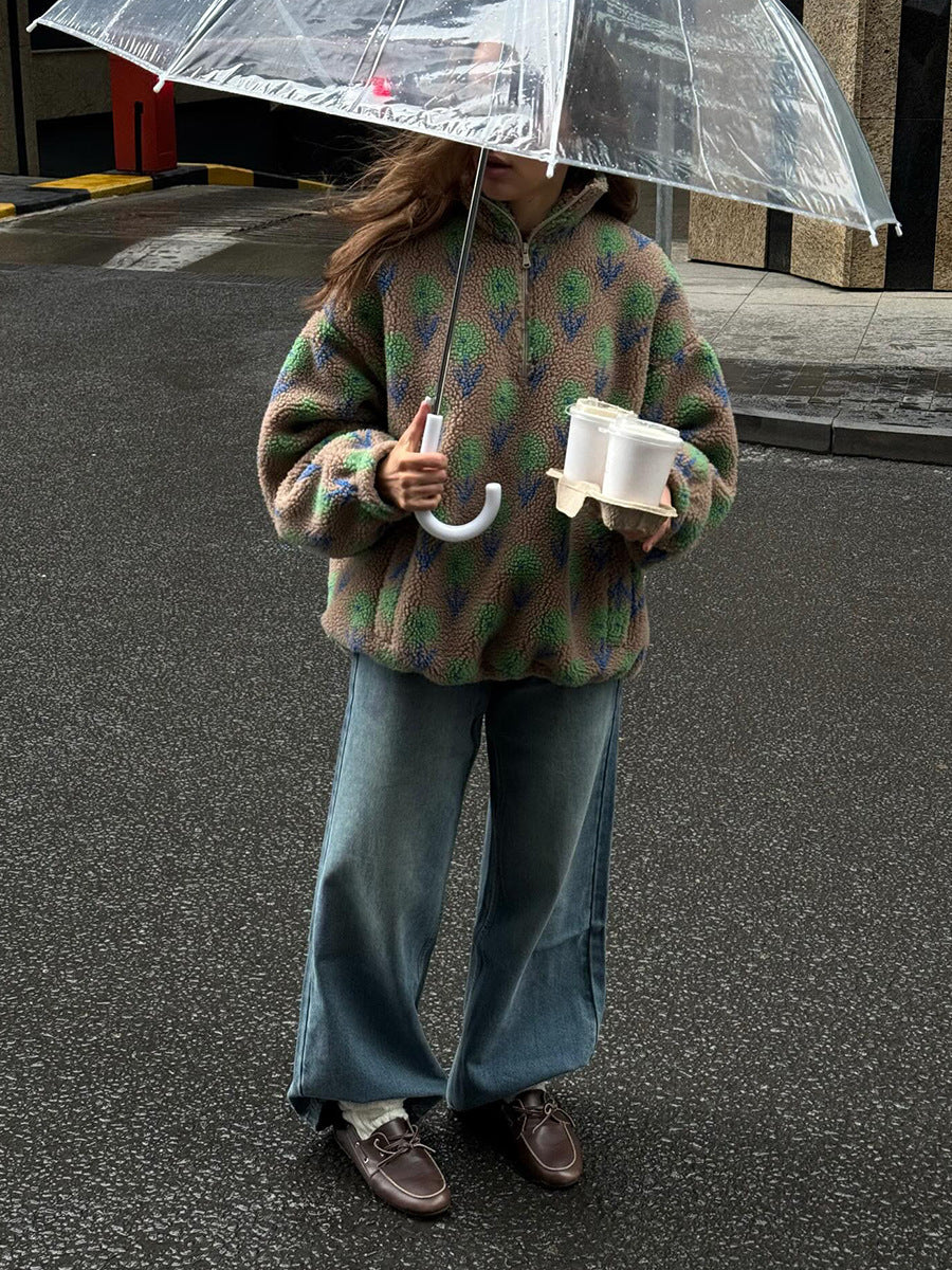 Floral Sherpa Fleece Half-Zip Pullover, Oversized