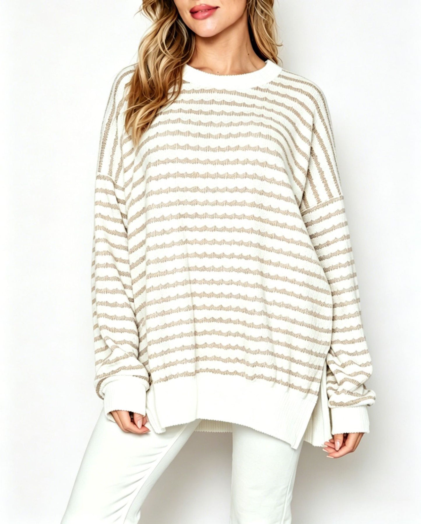 Striped Oversized Crew Neck Sweater Boutique Knit Top