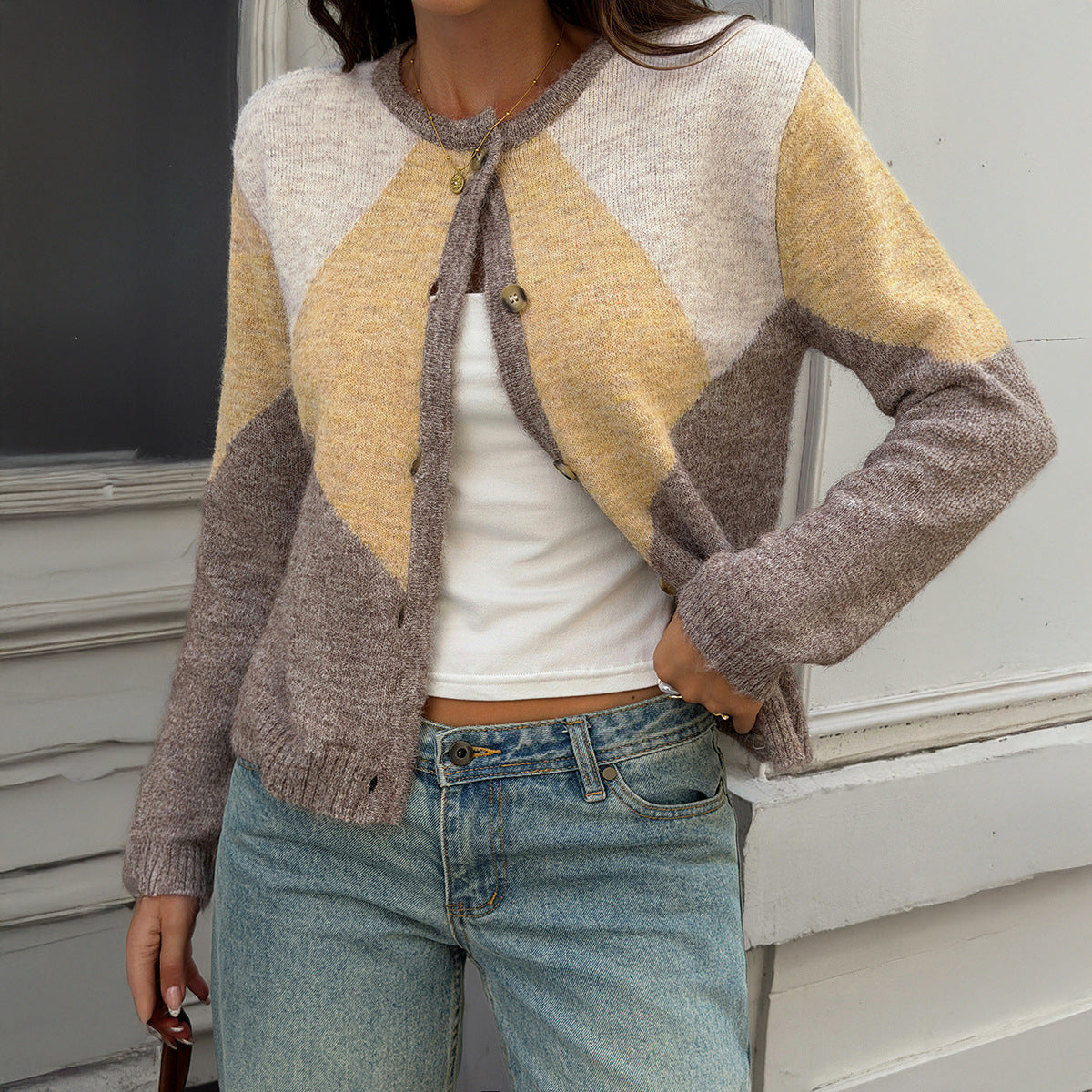 Colorblock Cropped Cardigan Button Front Knit Sweater