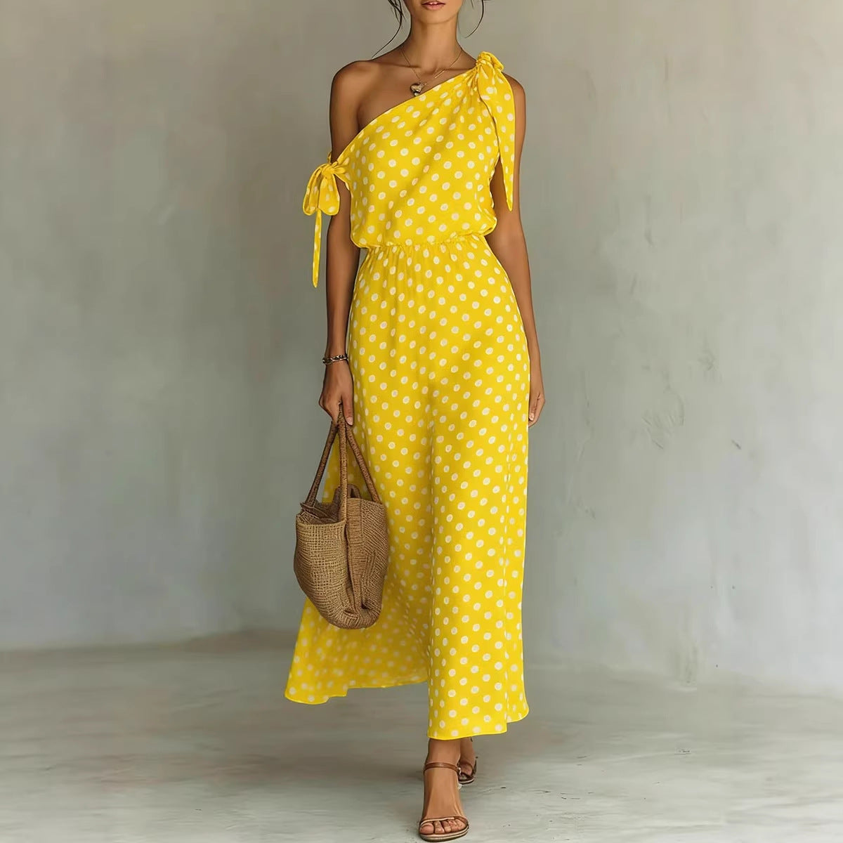 Polka Dot One-Shoulder Maxi Dress with Tie Straps