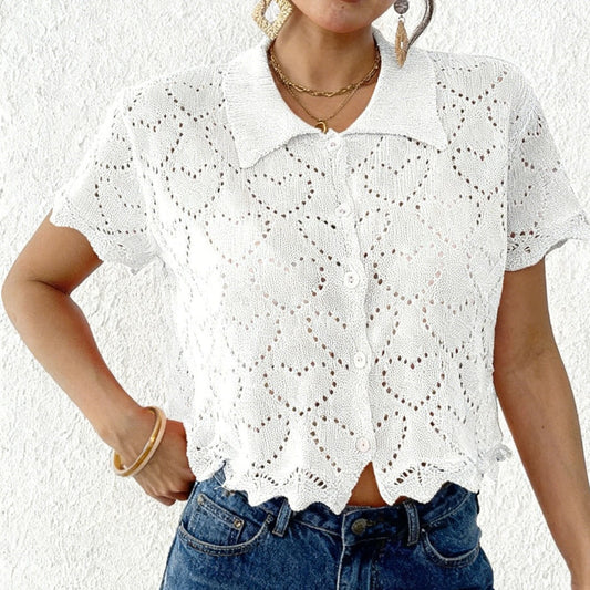 Heart Crochet Button Up Collar Short Sleeve Cardigan
