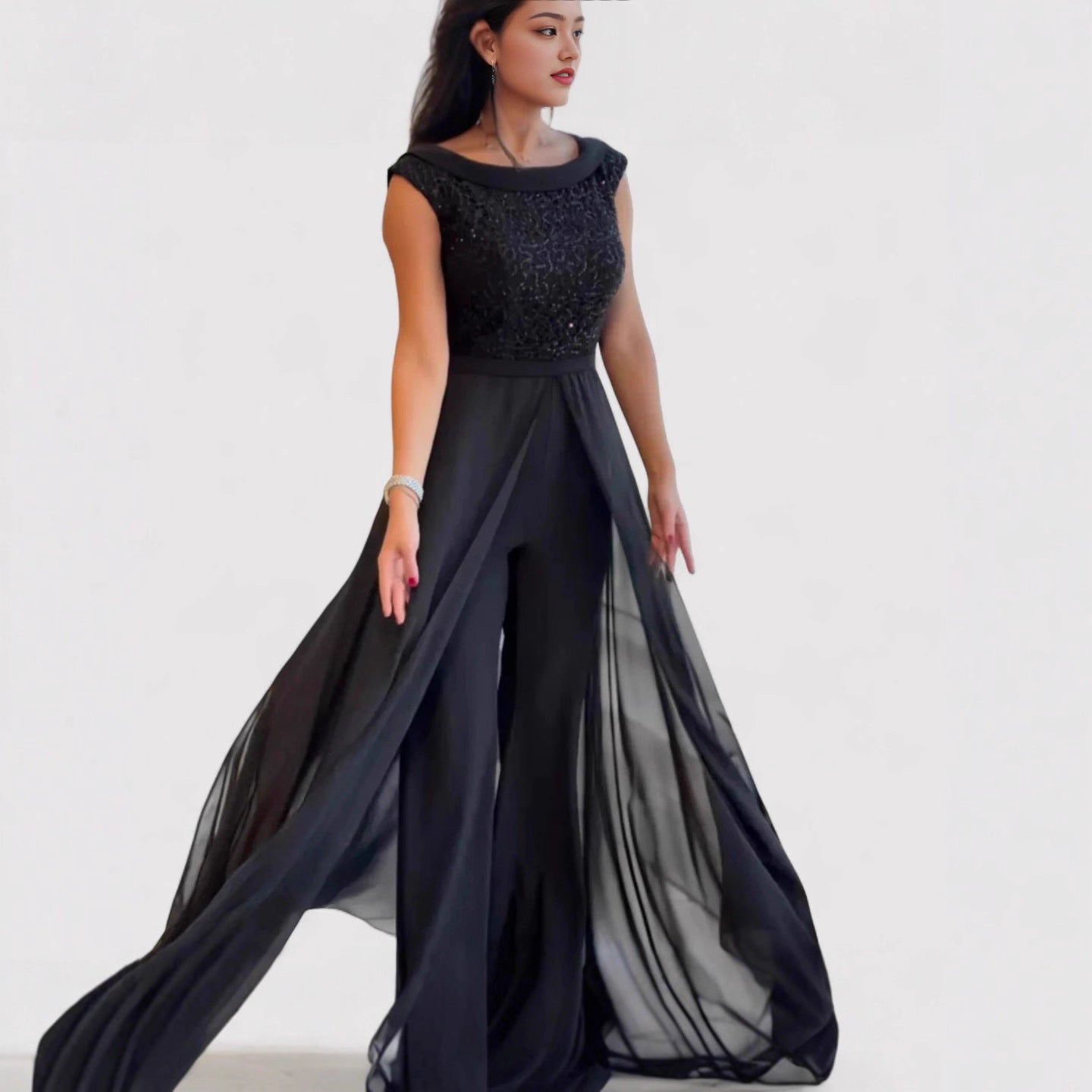 Sequin Chiffon Overlay Wide Leg Formal Jumpsuit