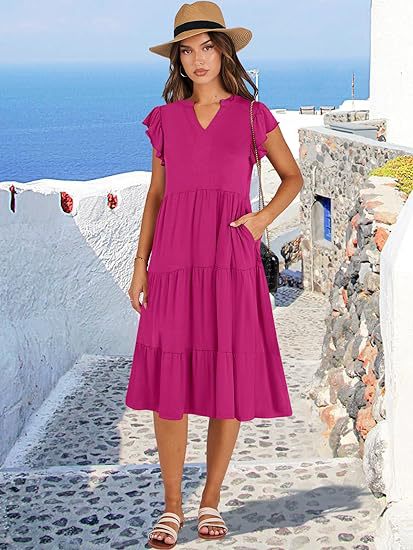 V Neck Flutter Sleeve Tiered Midi Dress with Pockets