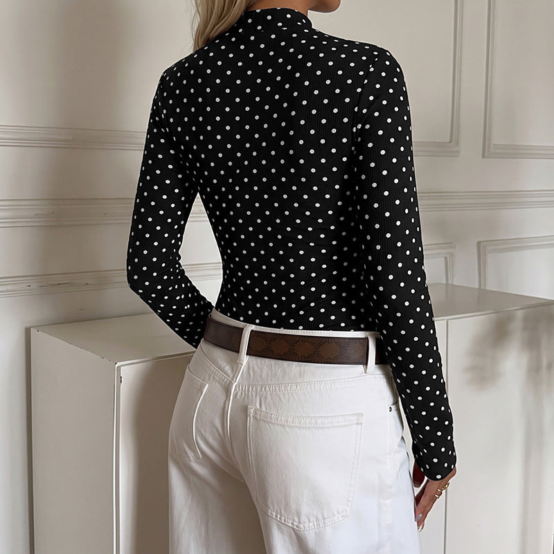 Retro Polka Dot Bodysuit Mock Neck Keyhole Long Sleeve
