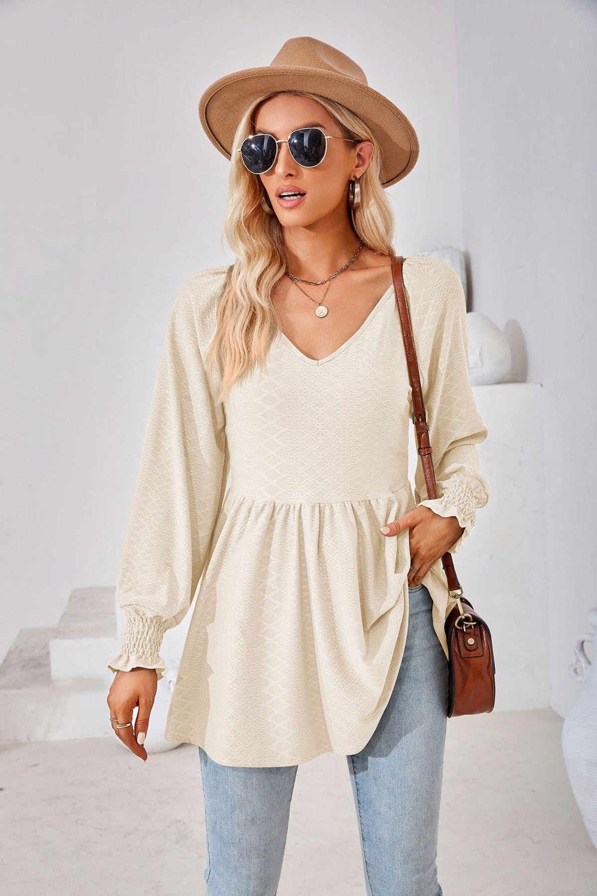 Women's V Neck Long Sleeve Textured Babydoll Tunic Top