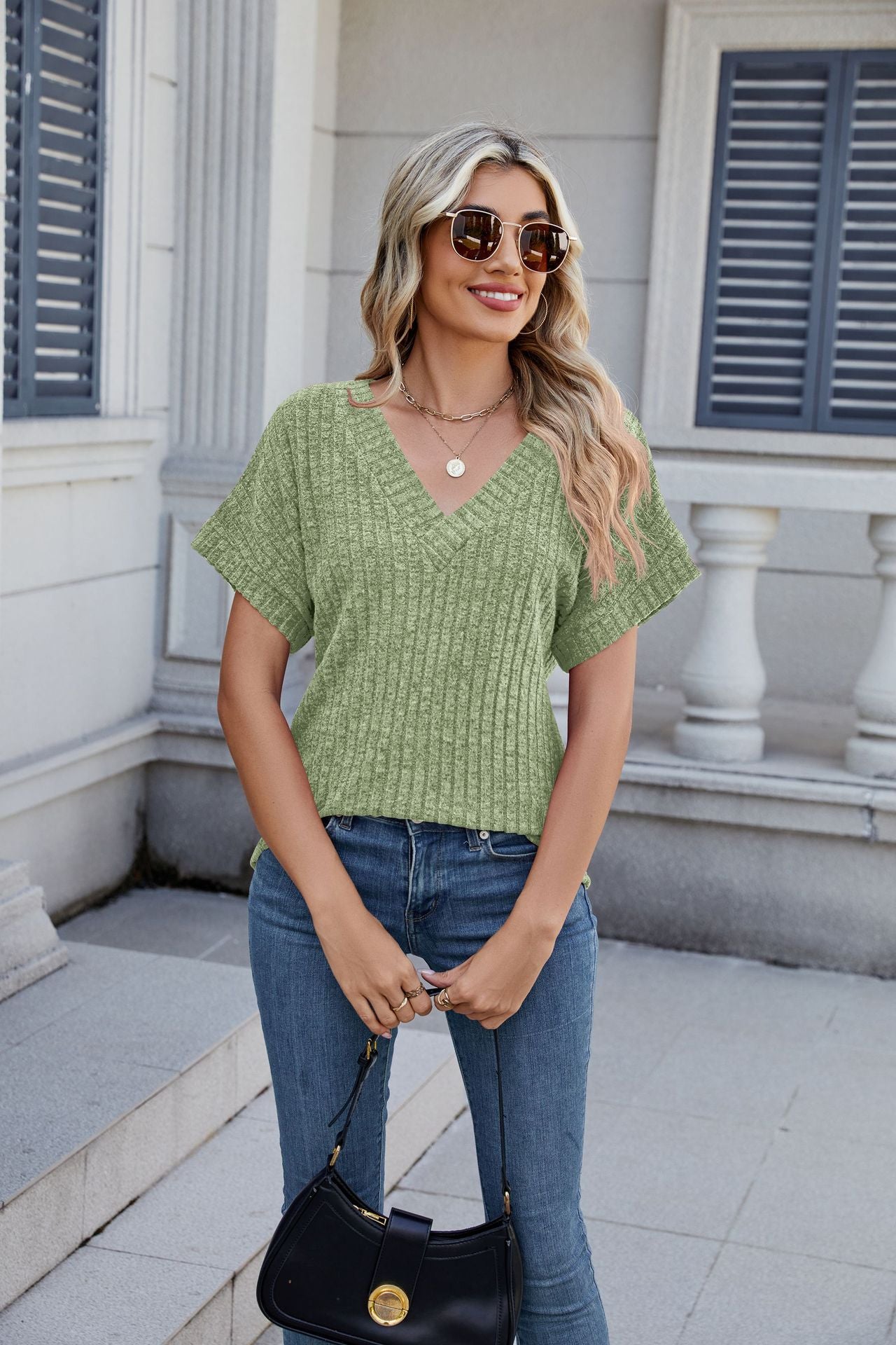 Ribbed Knit Top Casual Dolman Sleeve V Neck