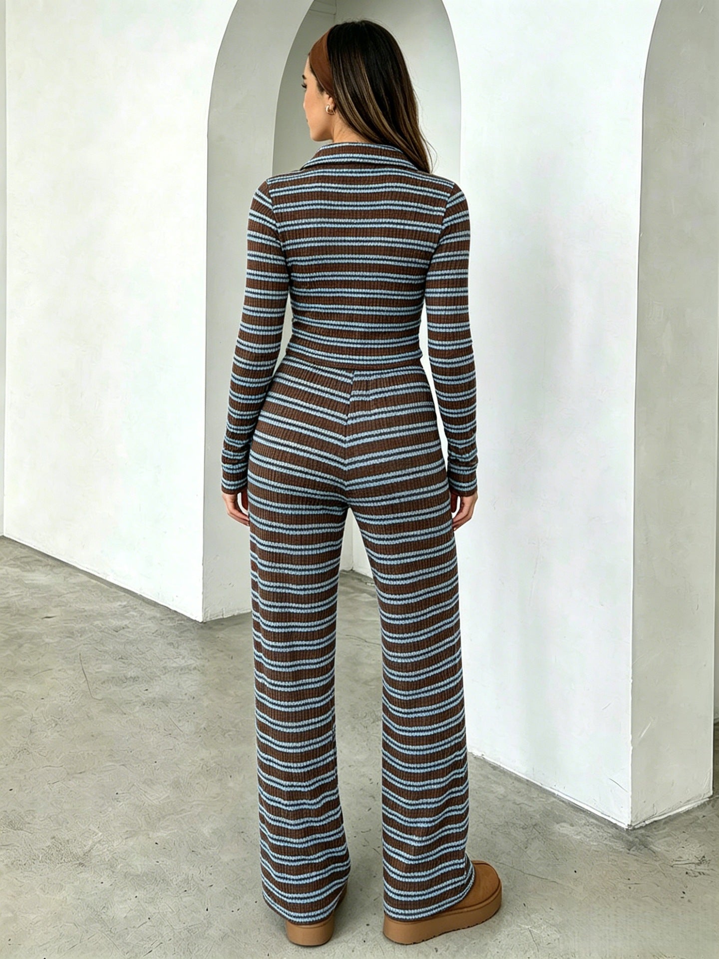 Striped Ribbed Jumpsuit Loungewear Collared Wide Leg Fitted