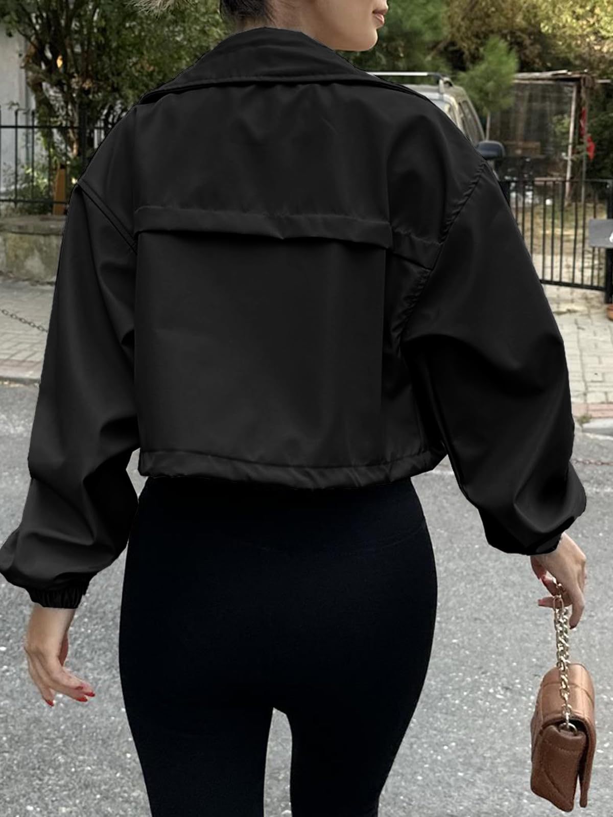 Solid Cropped Windbreaker Utility Jacket