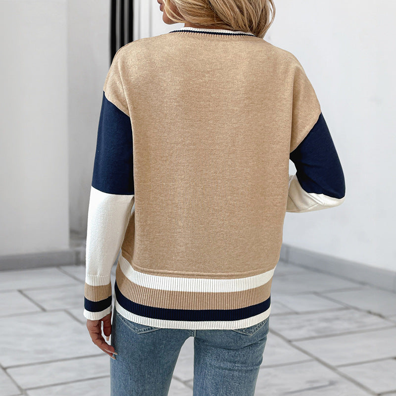 Colorblock Knit Sweater Crew Neck Long Sleeve Casual Chic