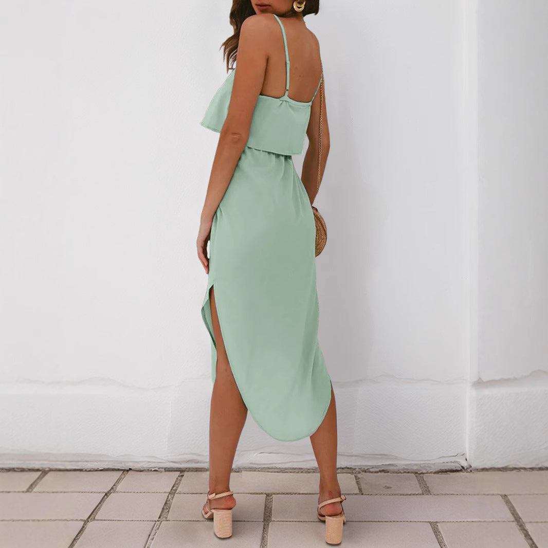 Sleeveless High Waist Midi Dress with Asymmetrical Hem
