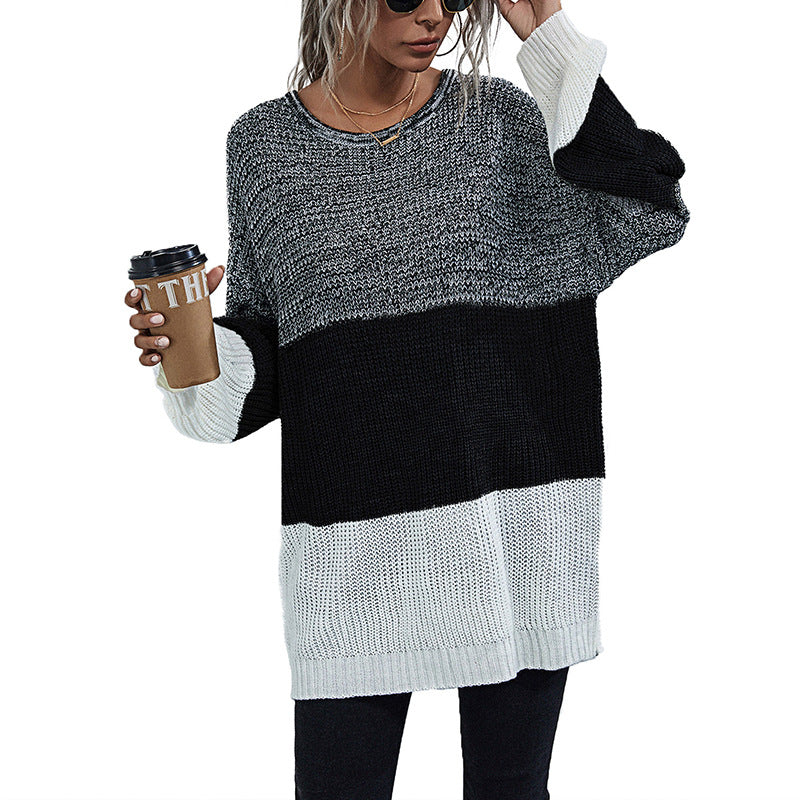 Color Block Round Neck Long Sleeve Knit Sweater