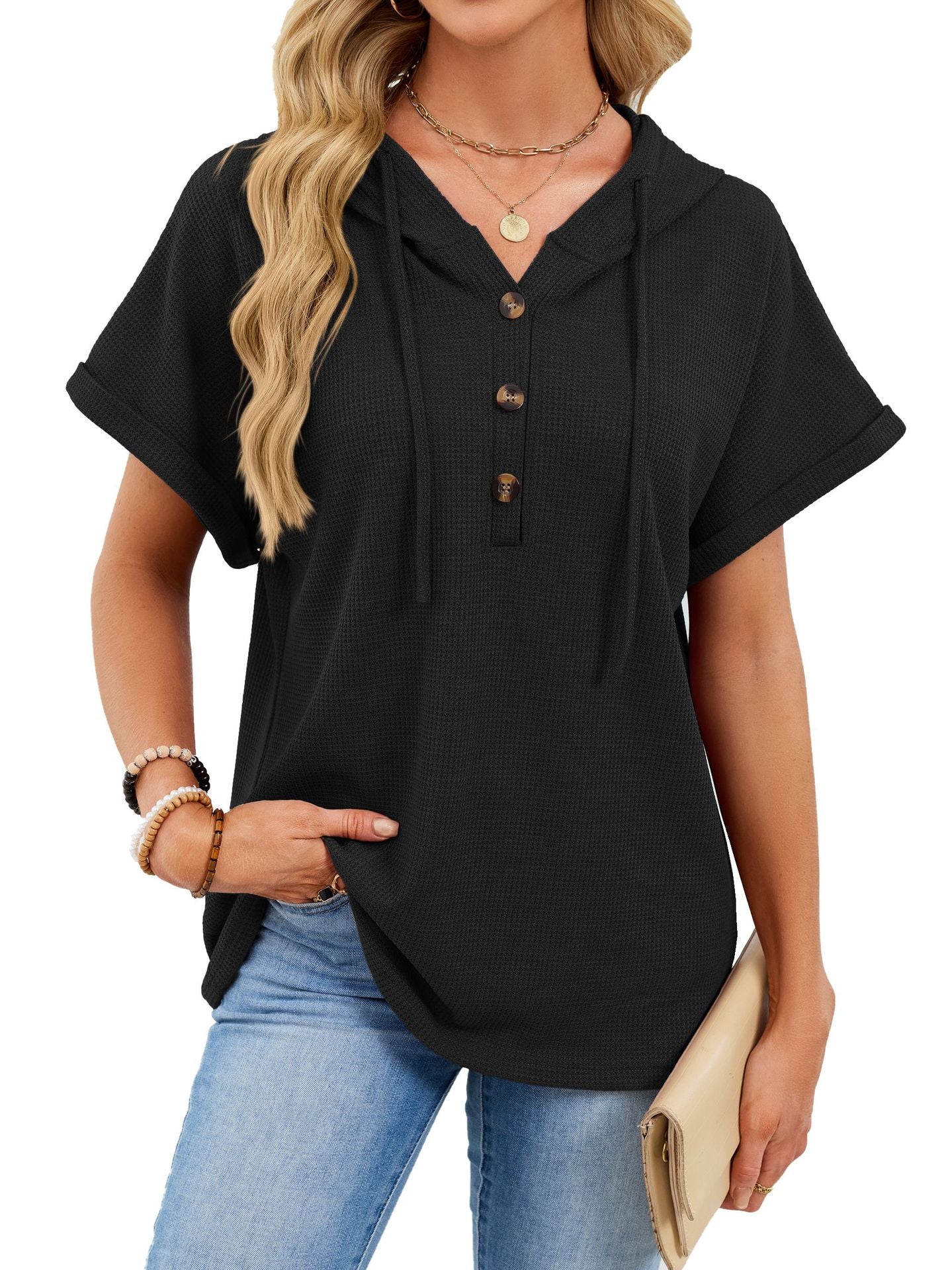 Waffle Knit Short Sleeve Hoodie Henley Button Top