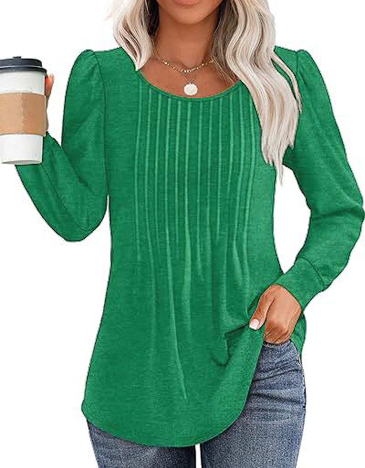 Solid Cotton Top Casual Pleated Puff Sleeve