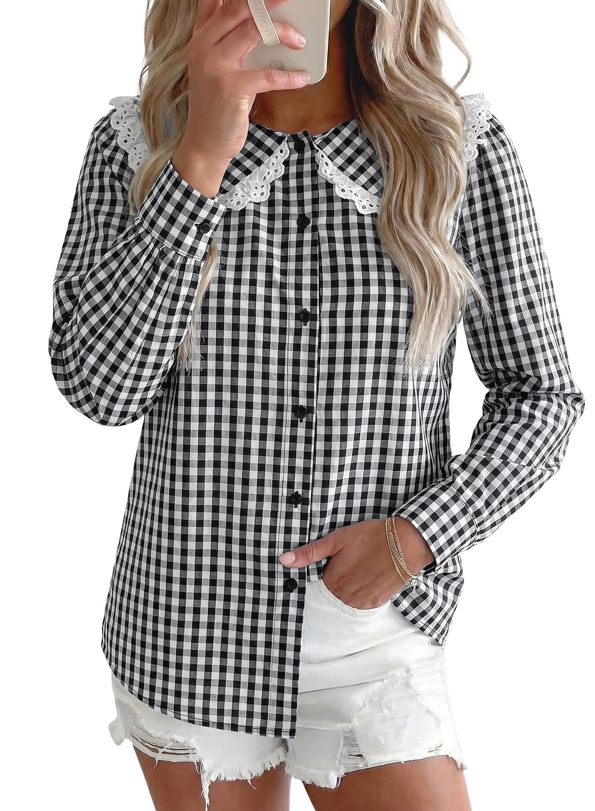 Gingham Lace Peter Pan Collar Long Sleeve Blouse