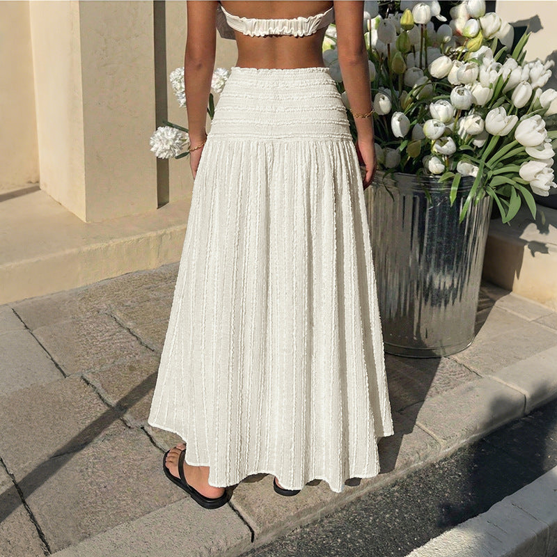 Solid Textured Skirt Vacation Elastic Waist Flowy