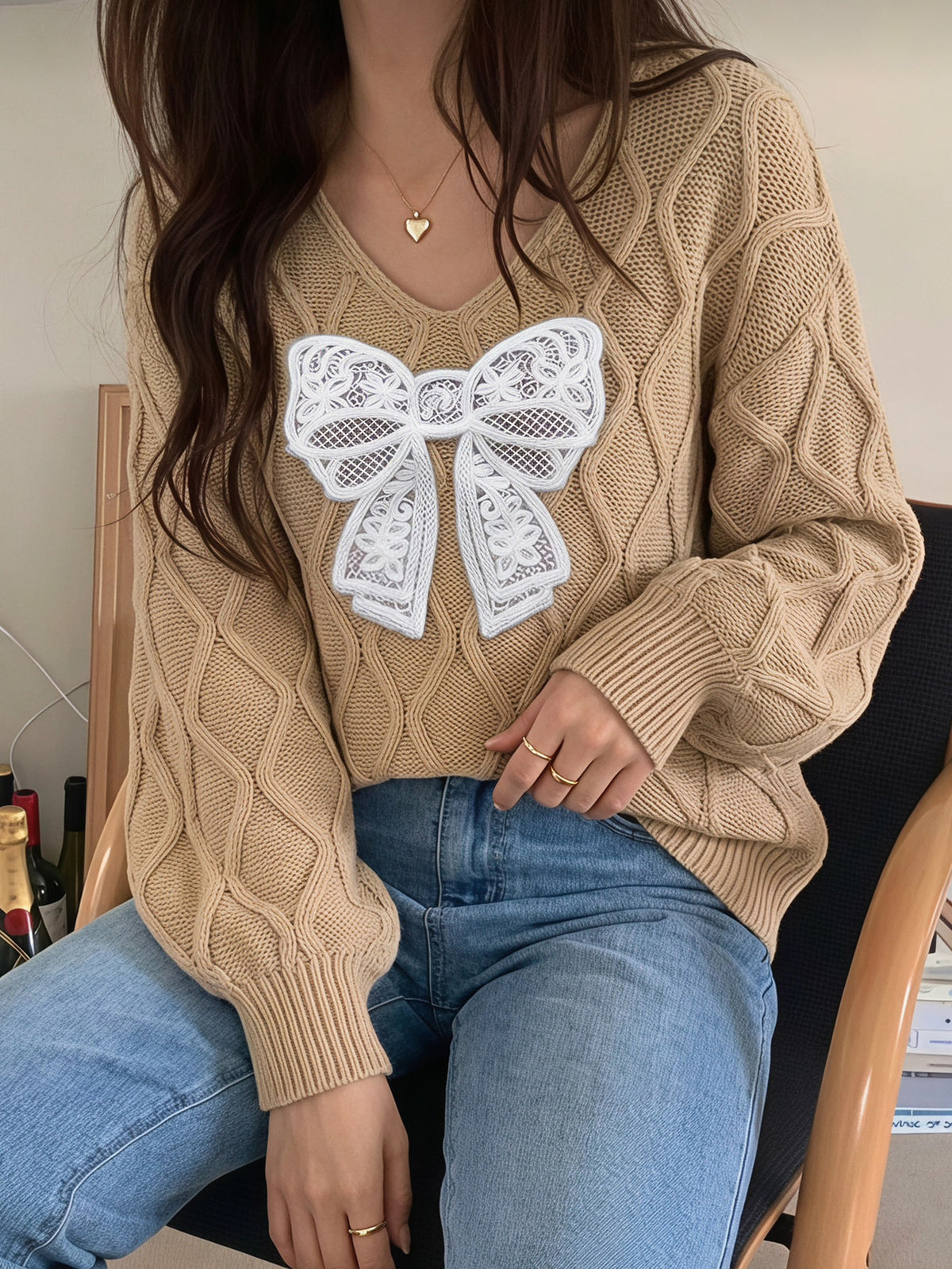 Women's Lace Bow Cable Knit V-Neck Balloon Sleeve Sweater