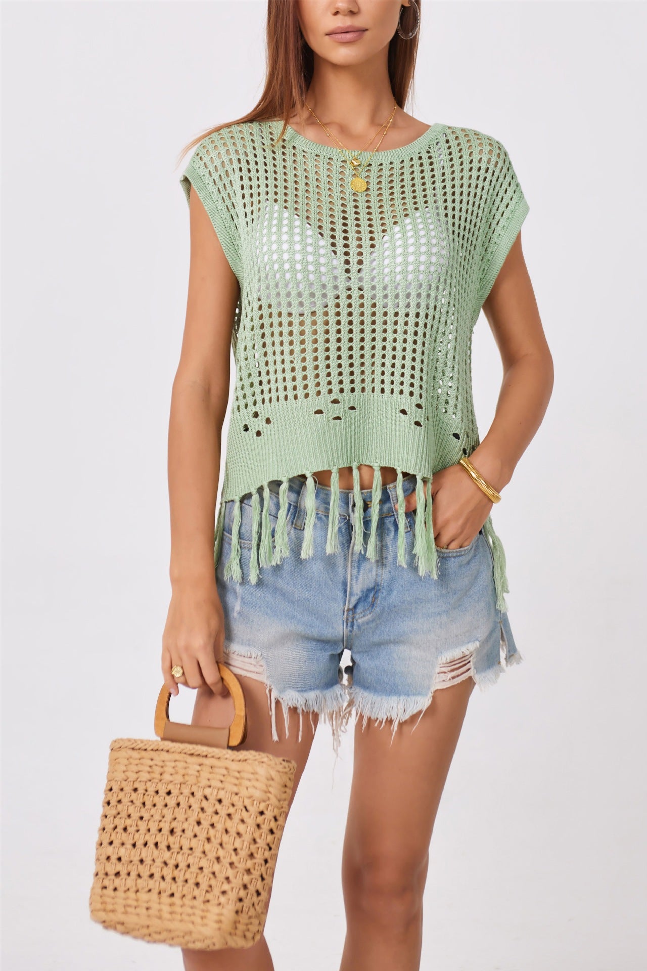 Crochet Fringe Knit Top Sleeveless Beach Cover Up