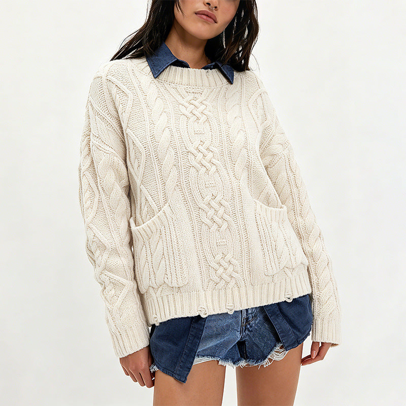 Women's Chunky Cable Knit Oversized Pullover Sweater Pocket