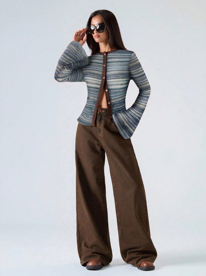 Striped Flare Sleeve Fitted Mock Neck Cardigan