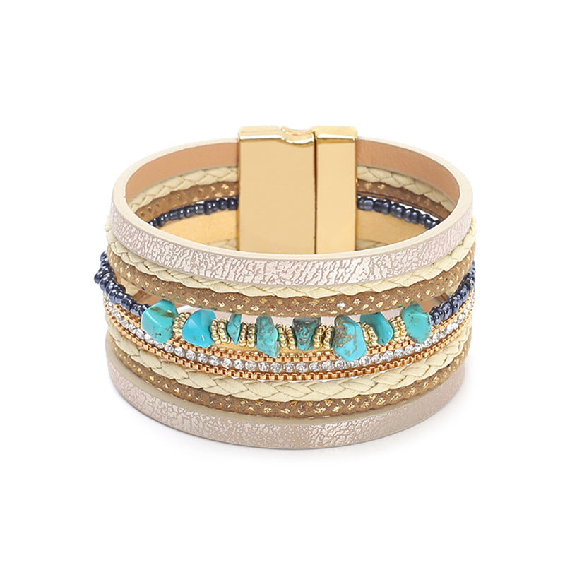 Boho Turquoise Beaded Leather Wrap Bracelet for Women