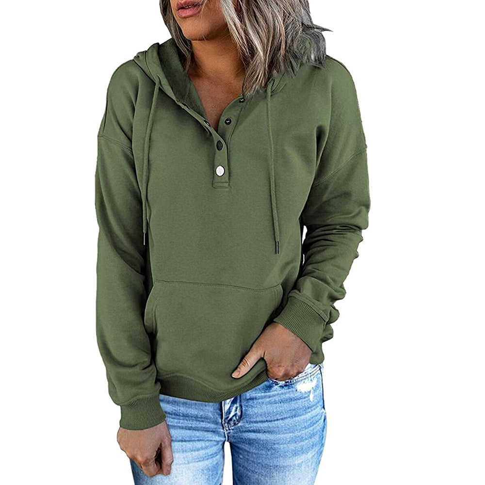Women's Oversized Henley Hoodie Drawstring Pocket Pullover