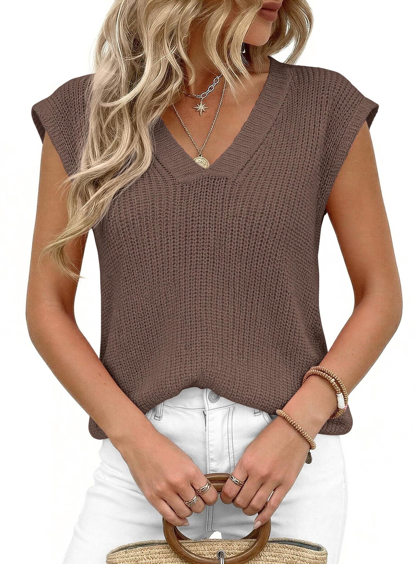 Women’s V Neck Sleeveless Knit Sweater Vest Loose Casual Summer Pullover Top