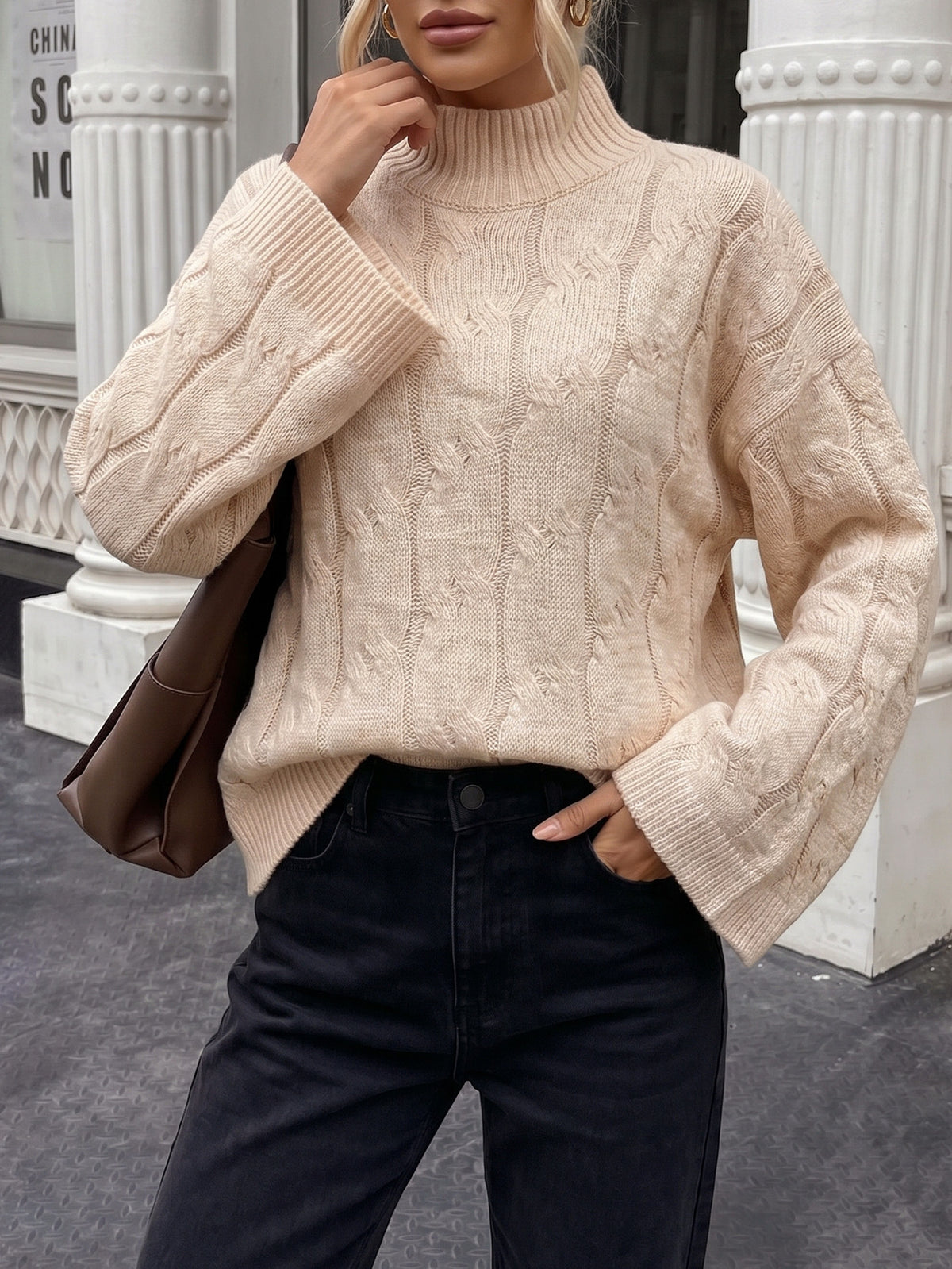 Women's Oversized Cable Knit Mock Neck Sweater