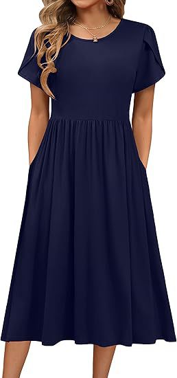Boho Floral Midi Dress for Women Round Neck Short Sleeve