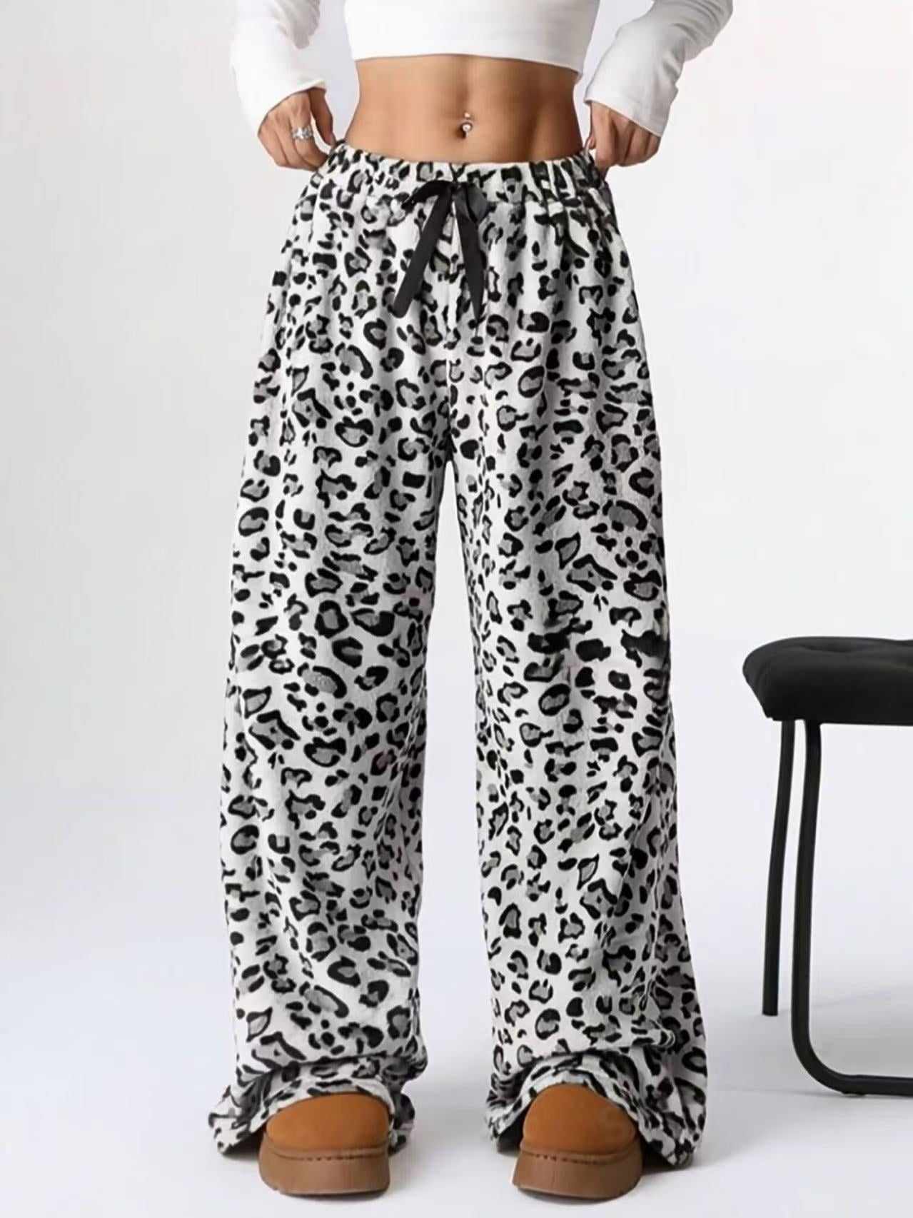 Leopard Print Wide Leg Lounge Pants High Waist Drawstring