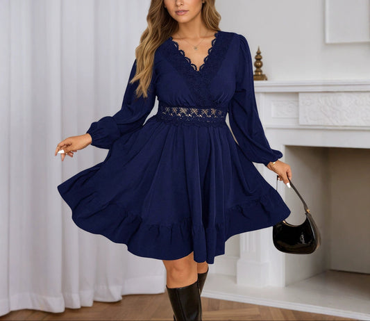 Plus Size Lace Trim V Neck Balloon Sleeve Dress